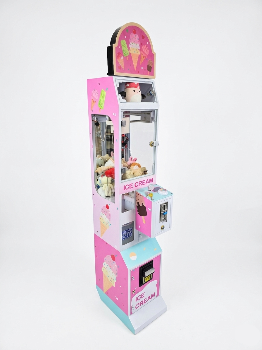 Ice Cream theme claw machine with pastel ice cream graphics, left side view