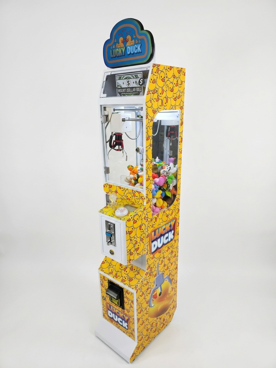 Lucky Ducks claw machine, right side view showing rubber duck artwork