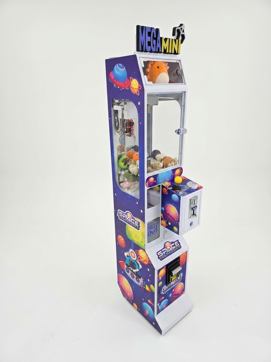 Space theme claw machine with galactic graphics and glowing lights